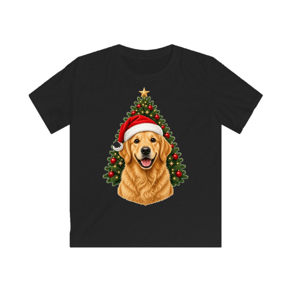 Golden Retriever by the Tree personalised kids Christmas tee in black