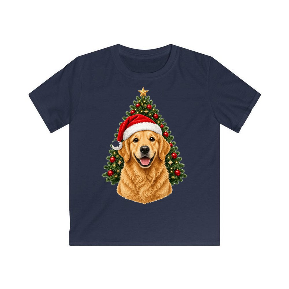 Golden Retriever by the Tree personalised kids Christmas tee in navy