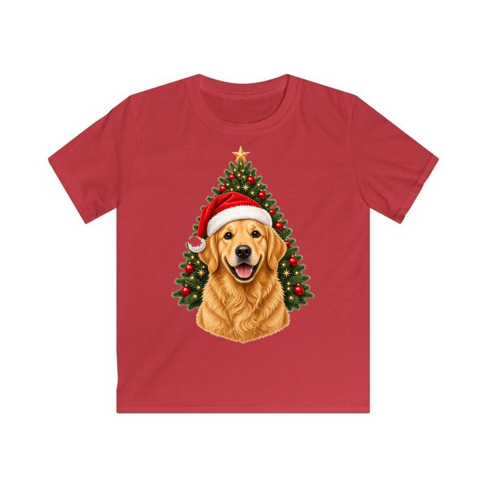 Golden Retriever by the Tree personalised kids Christmas tee in red