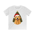 Golden Retriever By The Tree Kids Christmas Tee design on a white kids tee