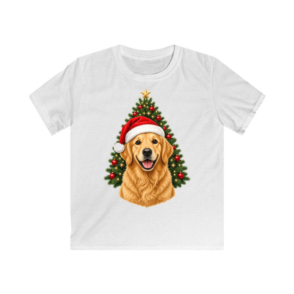 Golden Retriever By The Tree Kids Christmas Tee design on a white kids tee