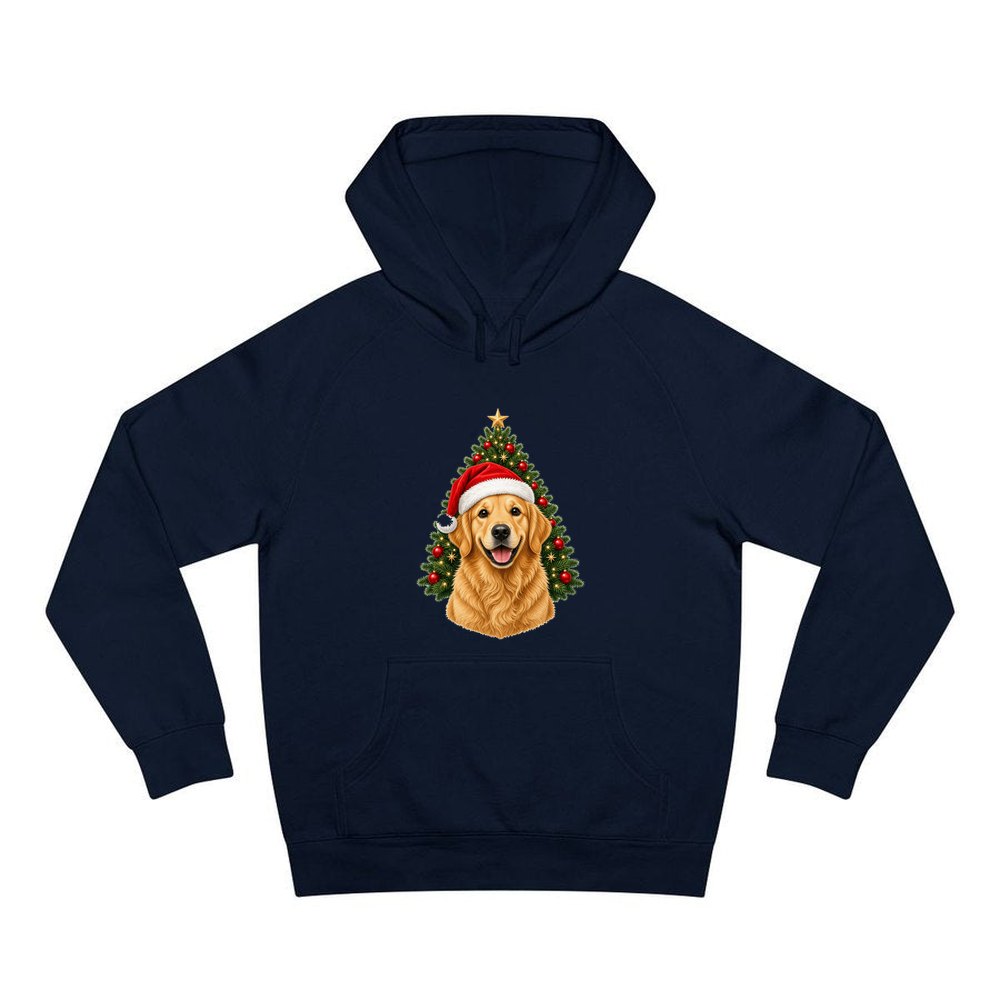 Golden Retriever by the Tree personalised Christmas hoodie in navy