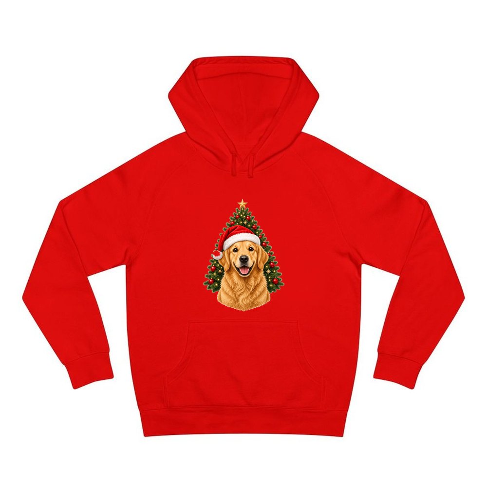 Golden Retriever by the Tree personalised Christmas hoodie in red