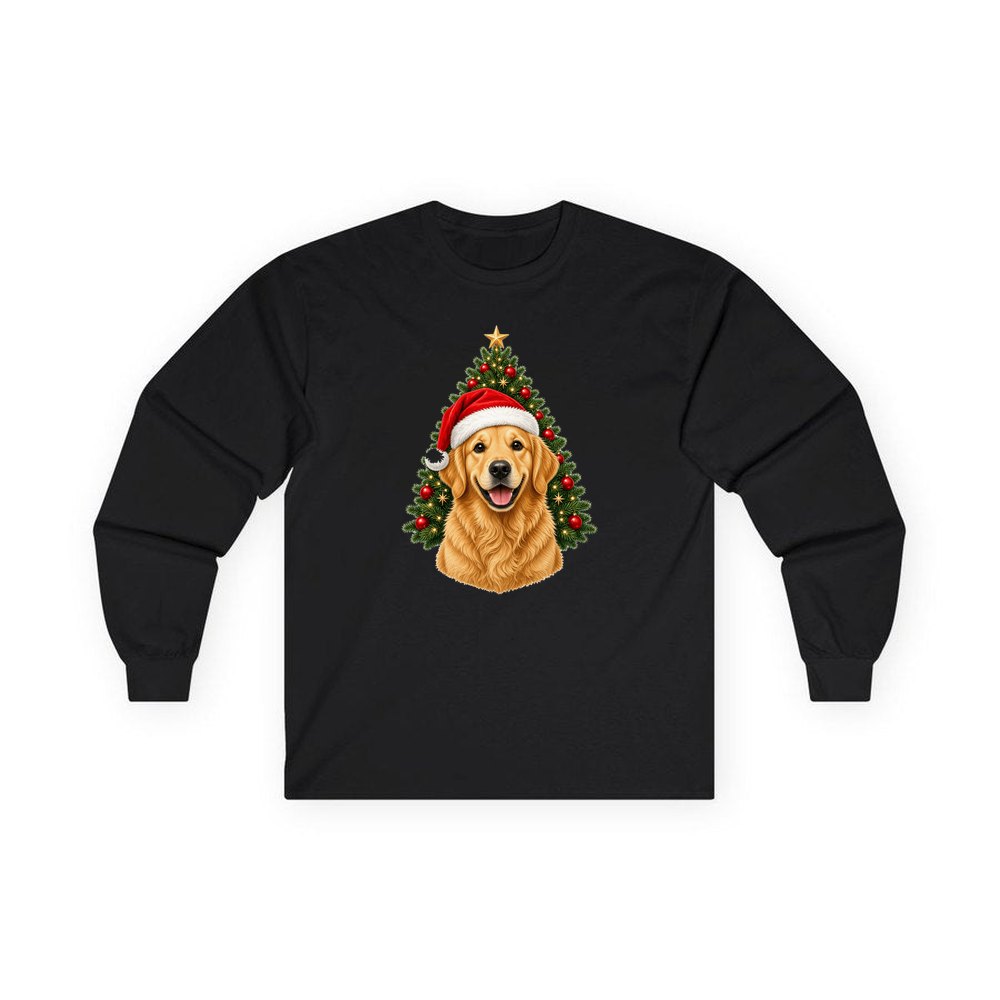 Golden Retriever by the Tree personalised long sleeve Christmas T-shirt in black