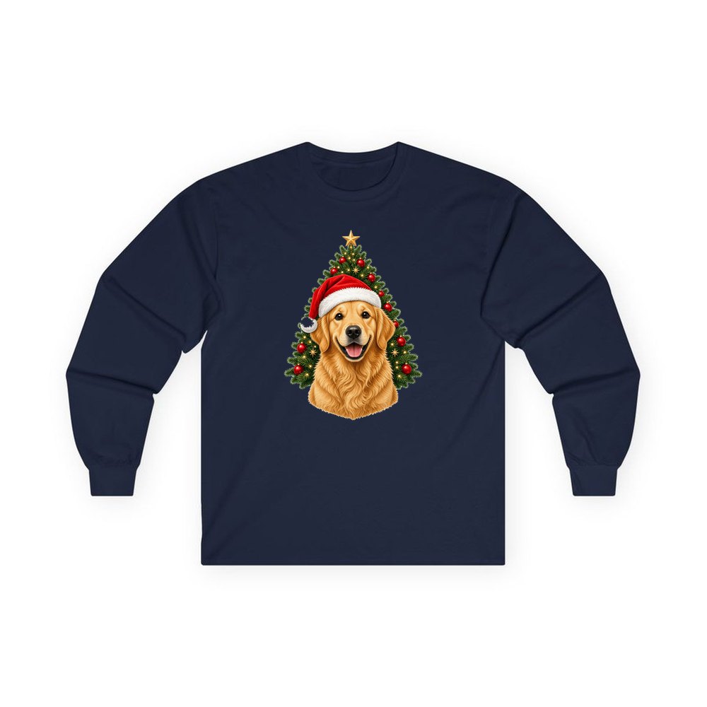 Golden Retriever by the Tree personalised long sleeve Christmas T-shirt in navy