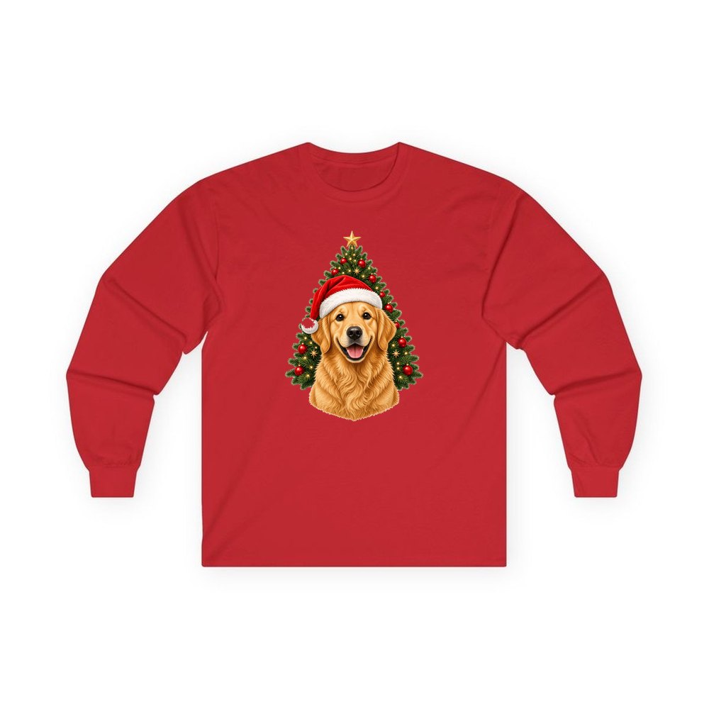 Golden Retriever by the Tree personalised long sleeve Christmas T-shirt in red