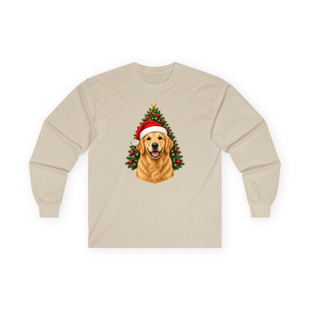 Golden Retriever by the Tree personalised long sleeve Christmas T-shirt in sand