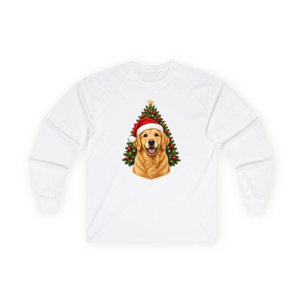 Golden Retriever by the Tree personalised long sleeve Christmas T-shirt in white