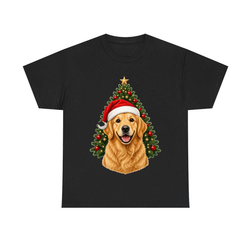 Golden Retriever by the Tree personalised Christmas T-shirt in black