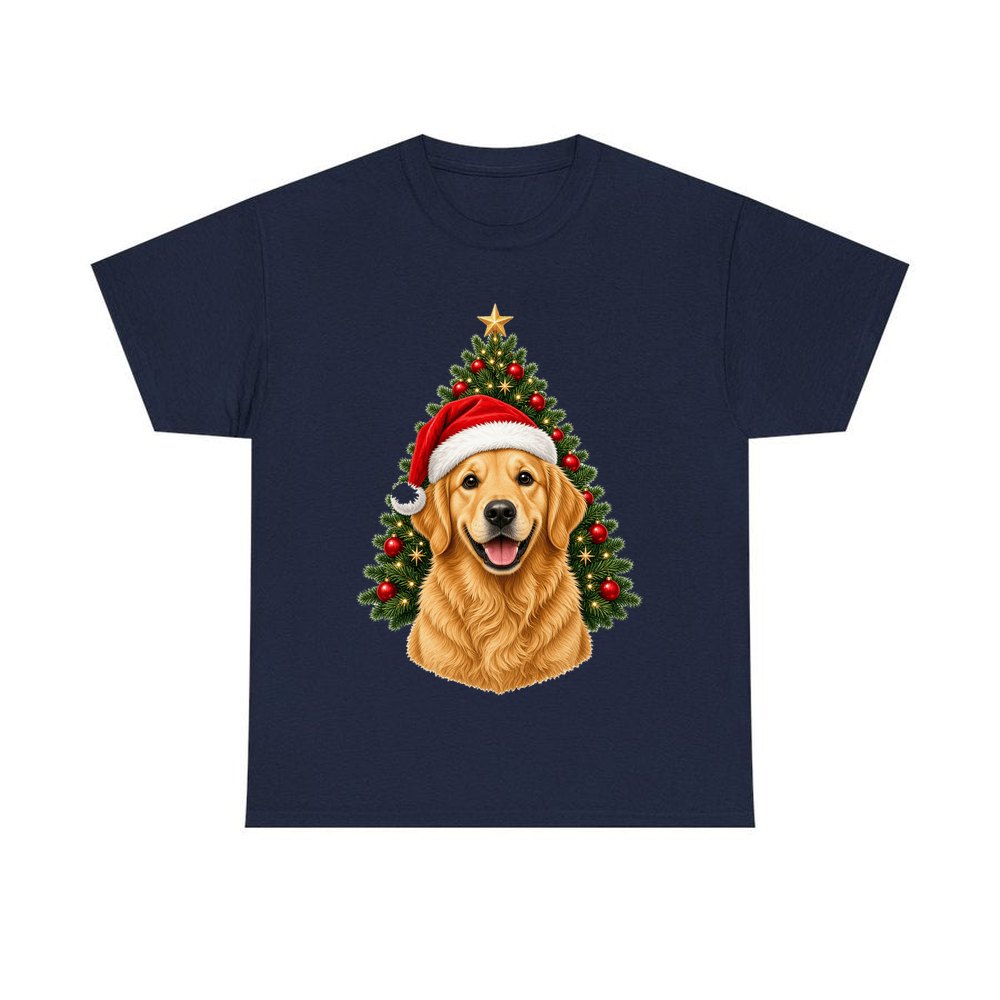 Golden Retriever by the Tree personalised Christmas T-shirt in navy