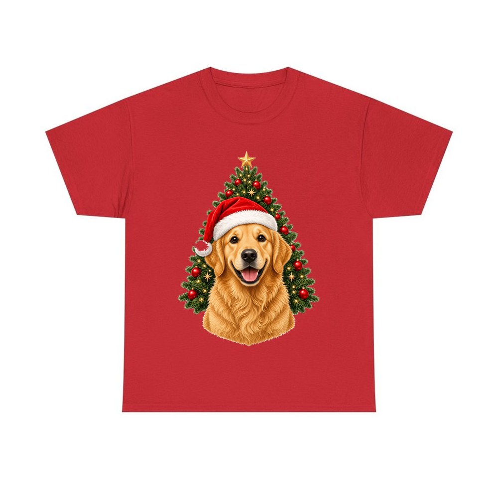Golden Retriever by the Tree personalised Christmas T-shirt in red