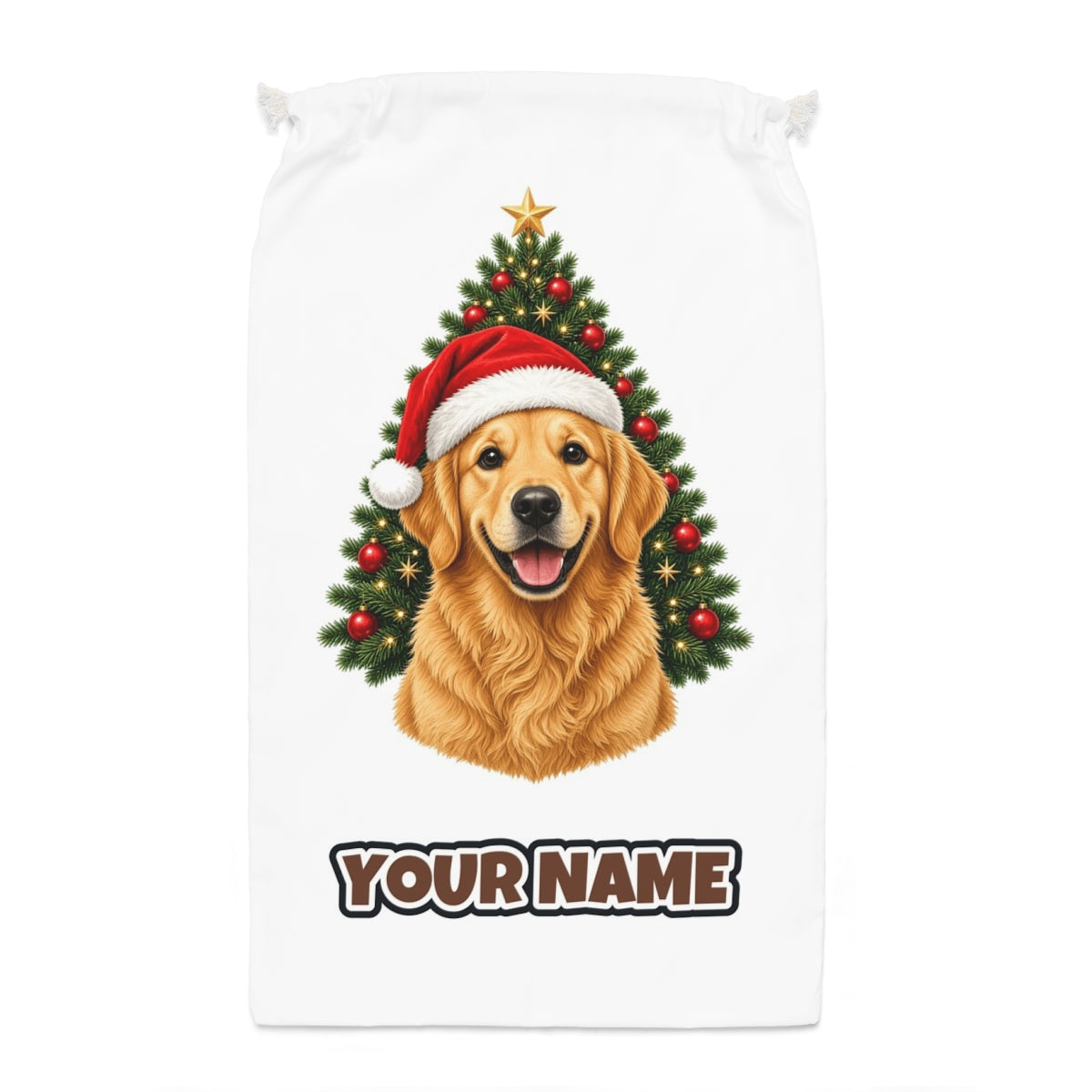 Golden Retriever by the Tree Santa sack laid flat, showing the full print