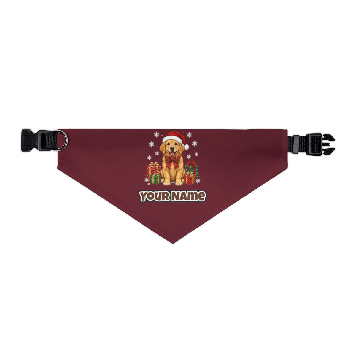 Golden Retriever personalised Christmas pet bandana in maroon, collar with buckle