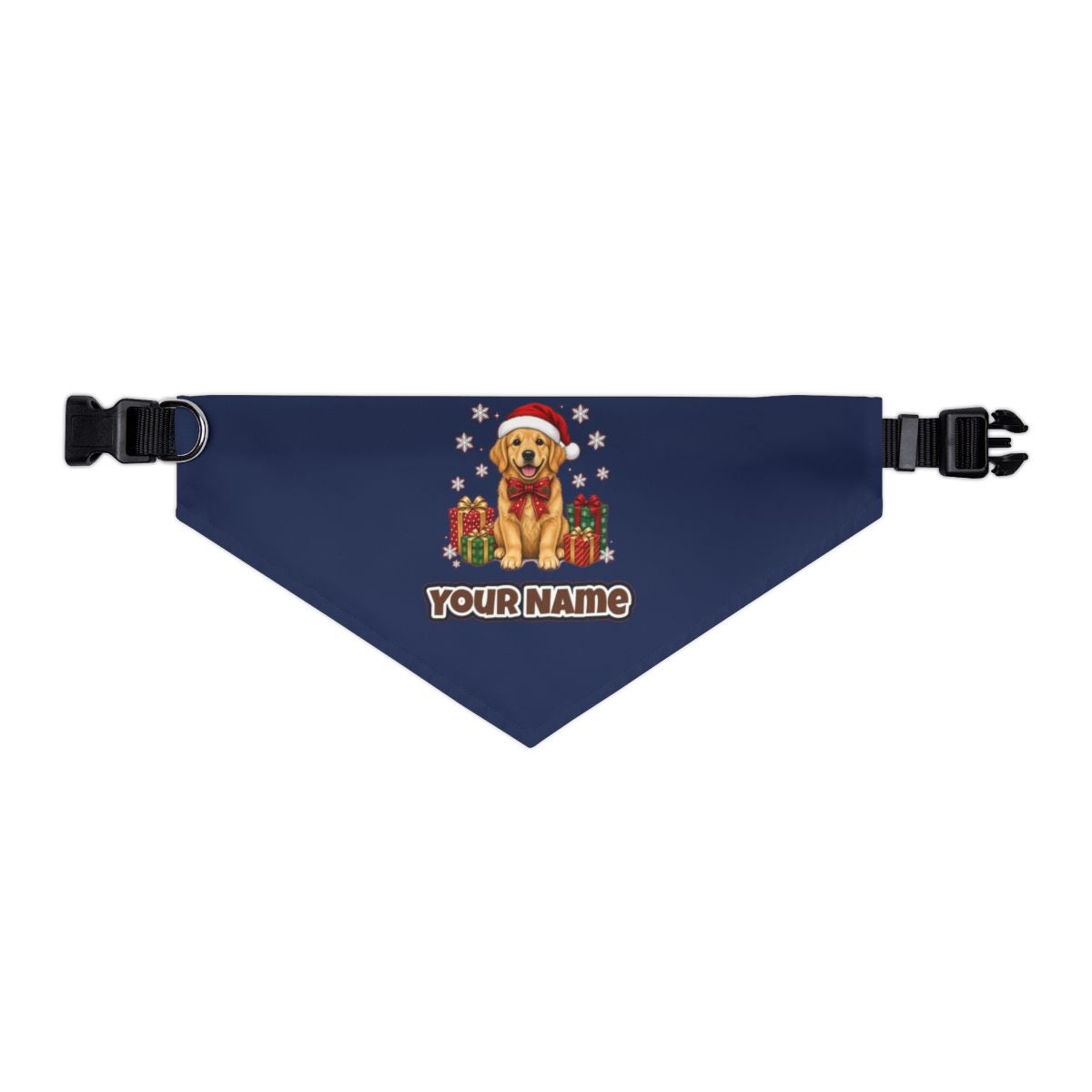 Golden Retriever personalised Christmas pet bandana in navy, collar with buckle
