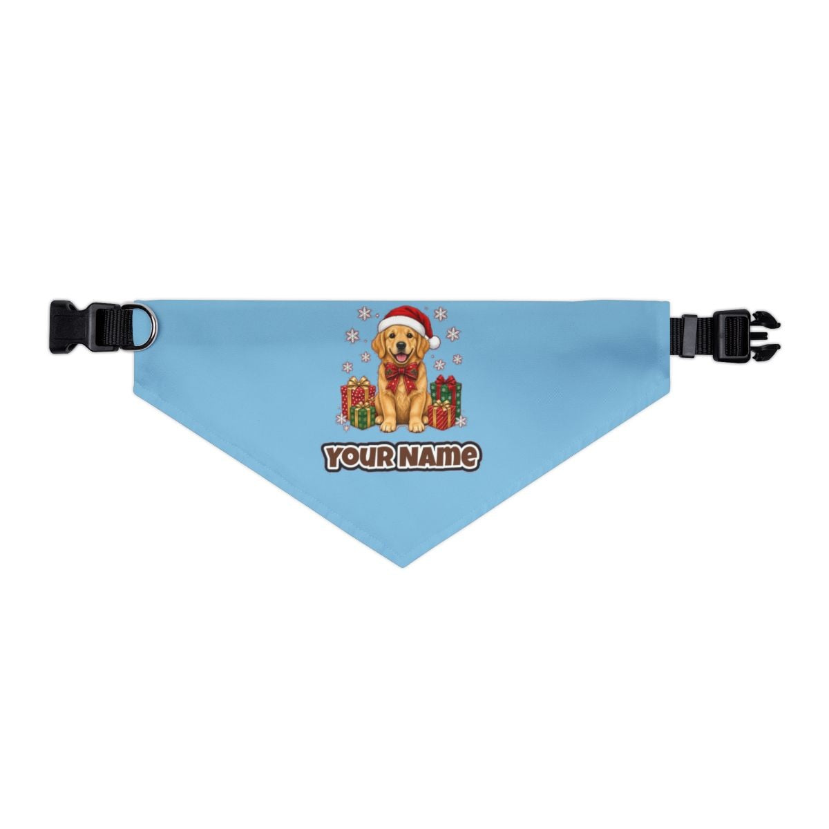 Golden Retriever personalised Christmas pet bandana in sky blue, collar with buckle