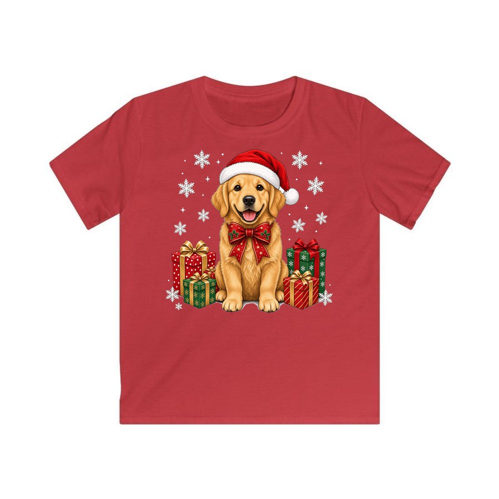 Golden Retriever personalised kids Christmas tee in red