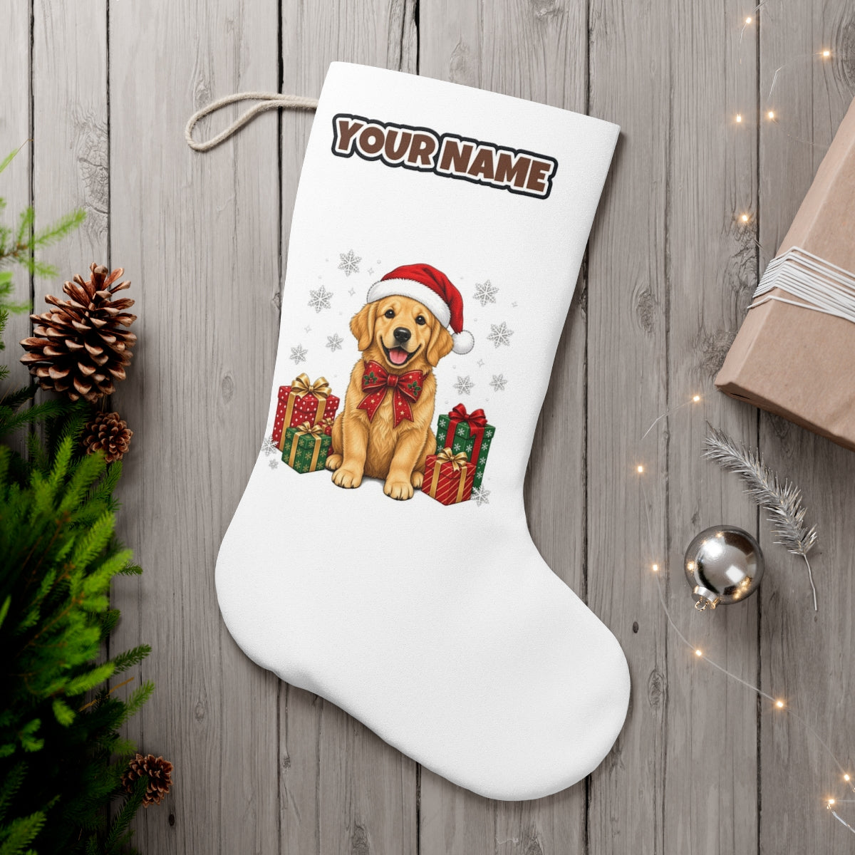 Golden Retriever personalised Christmas stocking, white, with the name across the top