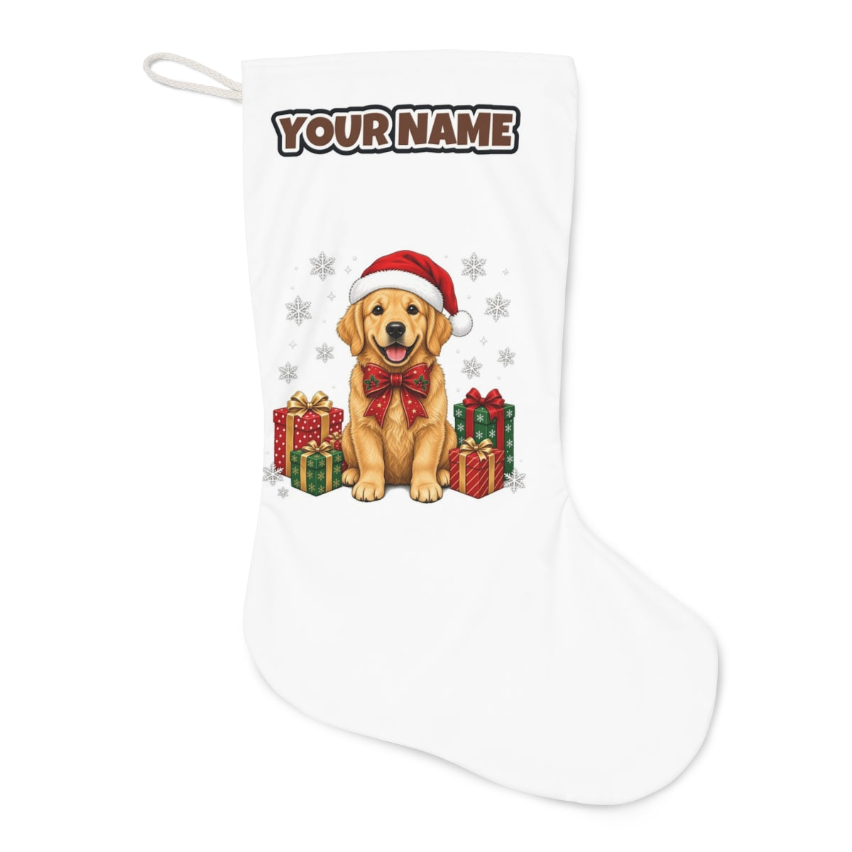 Golden Retriever Christmas stocking laid flat, showing the full print