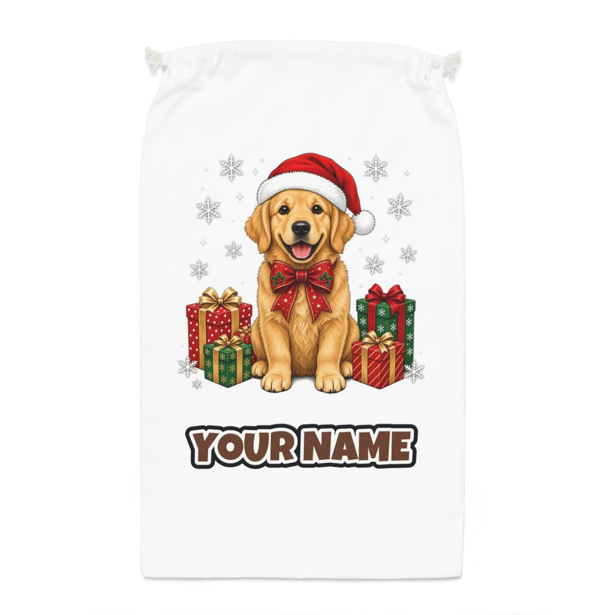 Golden Retriever Santa sack laid flat, showing the full print