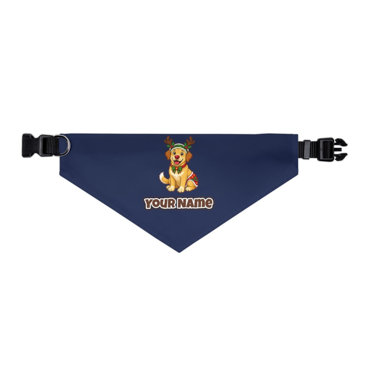 Golden Retriever Reindeer Dog personalised Christmas pet bandana in navy, collar with buckle
