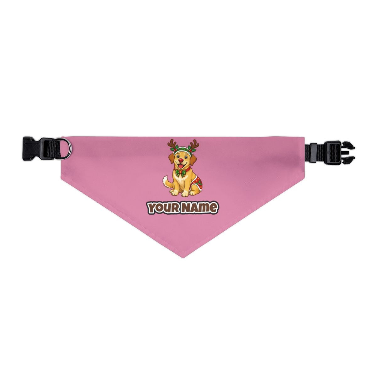 Golden Retriever Reindeer Dog personalised Christmas pet bandana in pink, collar with buckle