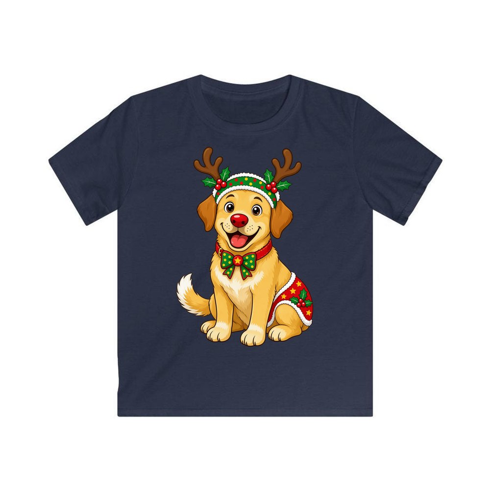 Golden Retriever Reindeer Dog personalised kids Christmas tee in navy
