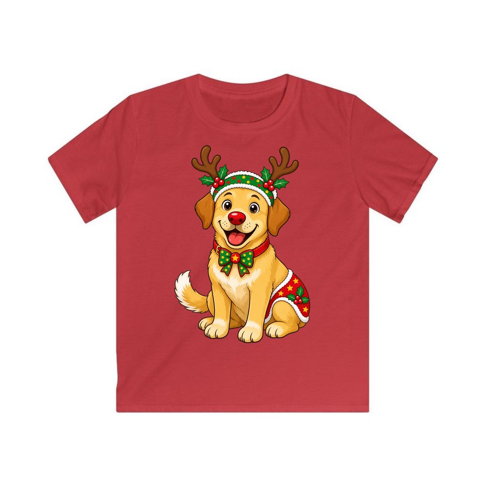 Golden Retriever Reindeer Dog personalised kids Christmas tee in red