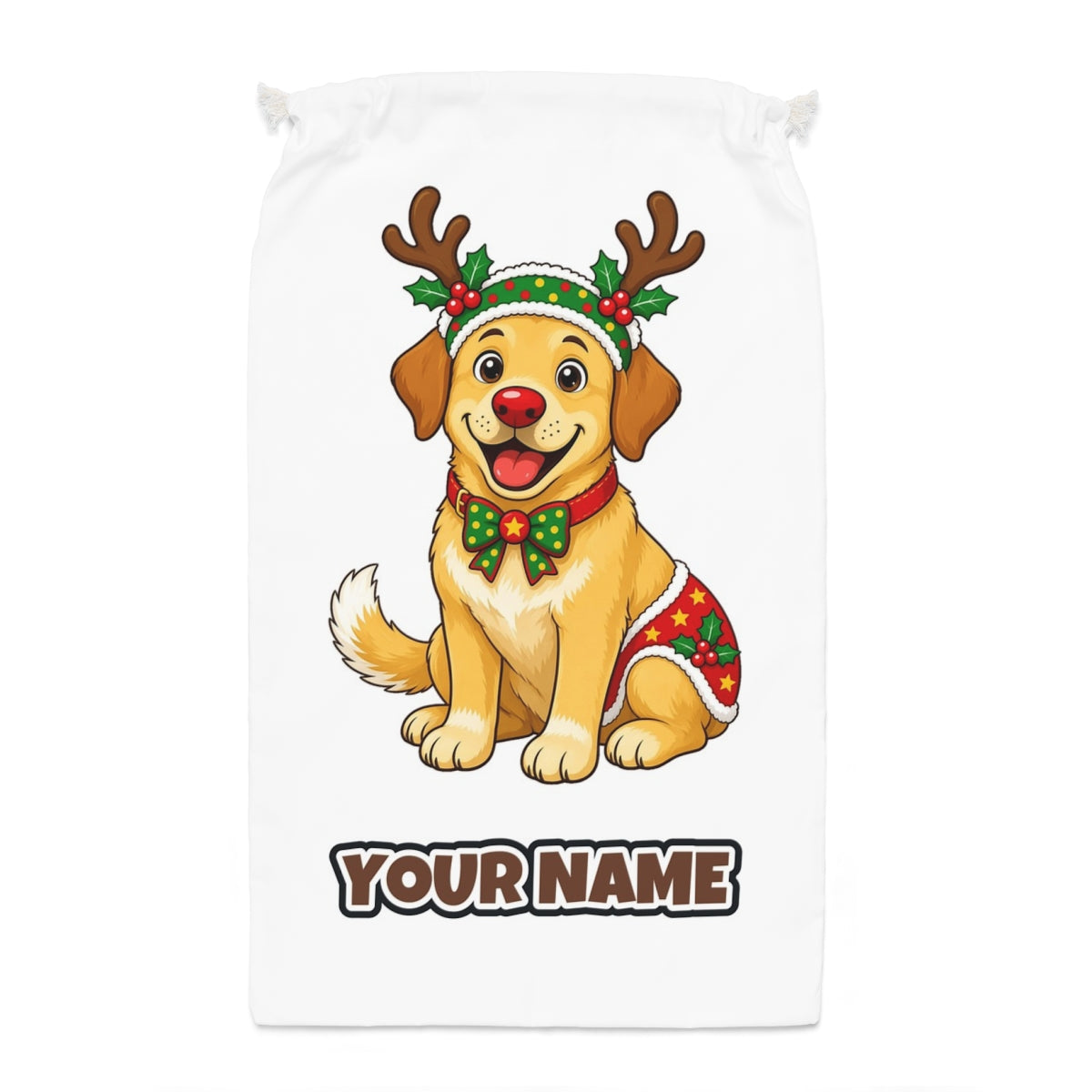 Golden Retriever Reindeer Dog Santa sack laid flat, showing the full print
