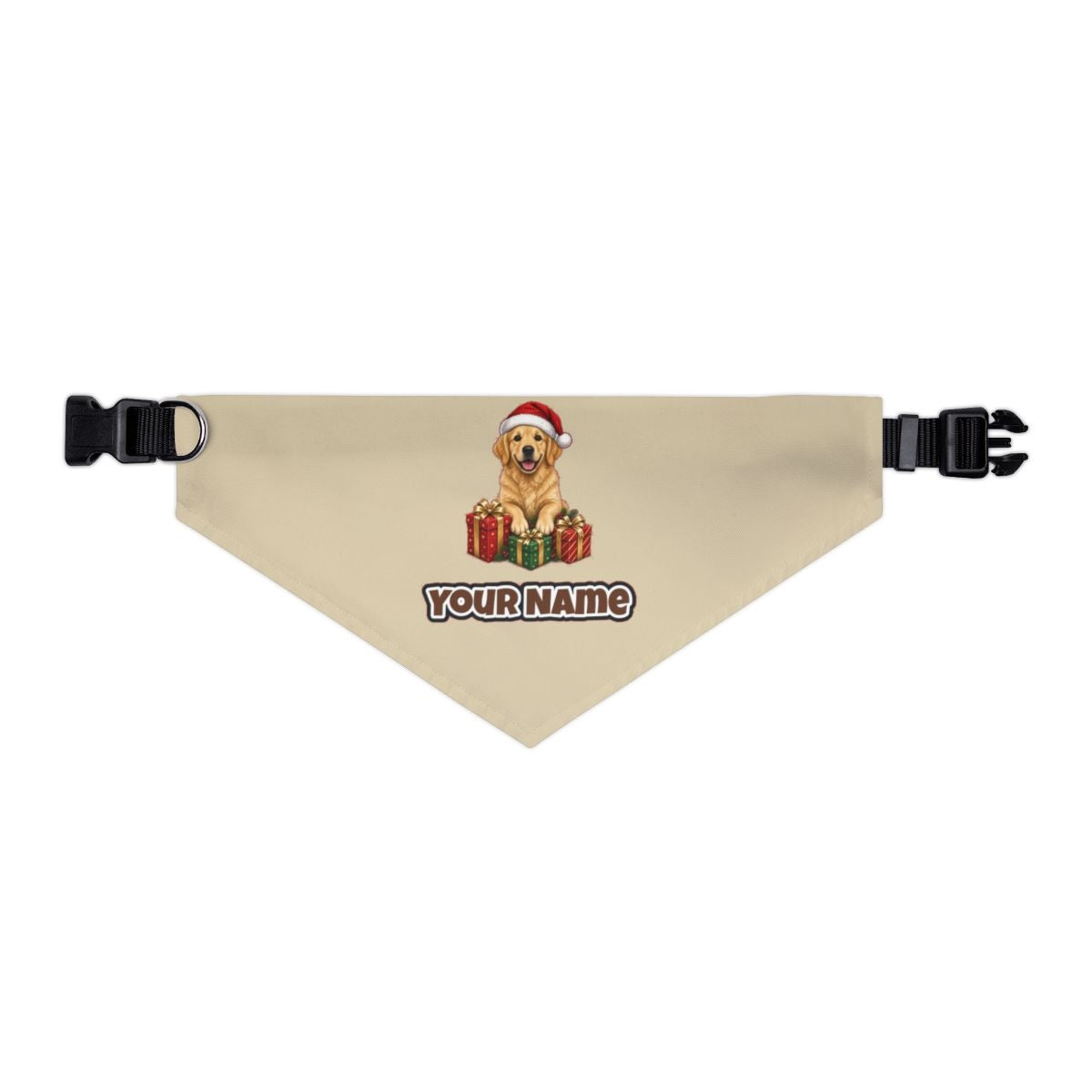 Golden Retriever with Presents personalised Christmas pet bandana in beige, collar with buckle