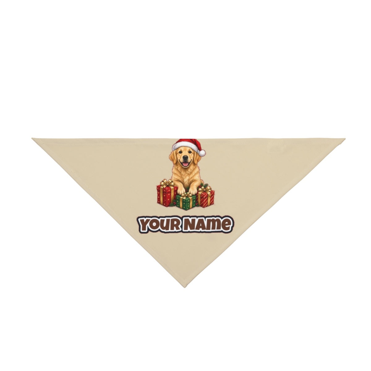 Golden Retriever with Presents personalised Christmas pet bandana in beige, tie-on style