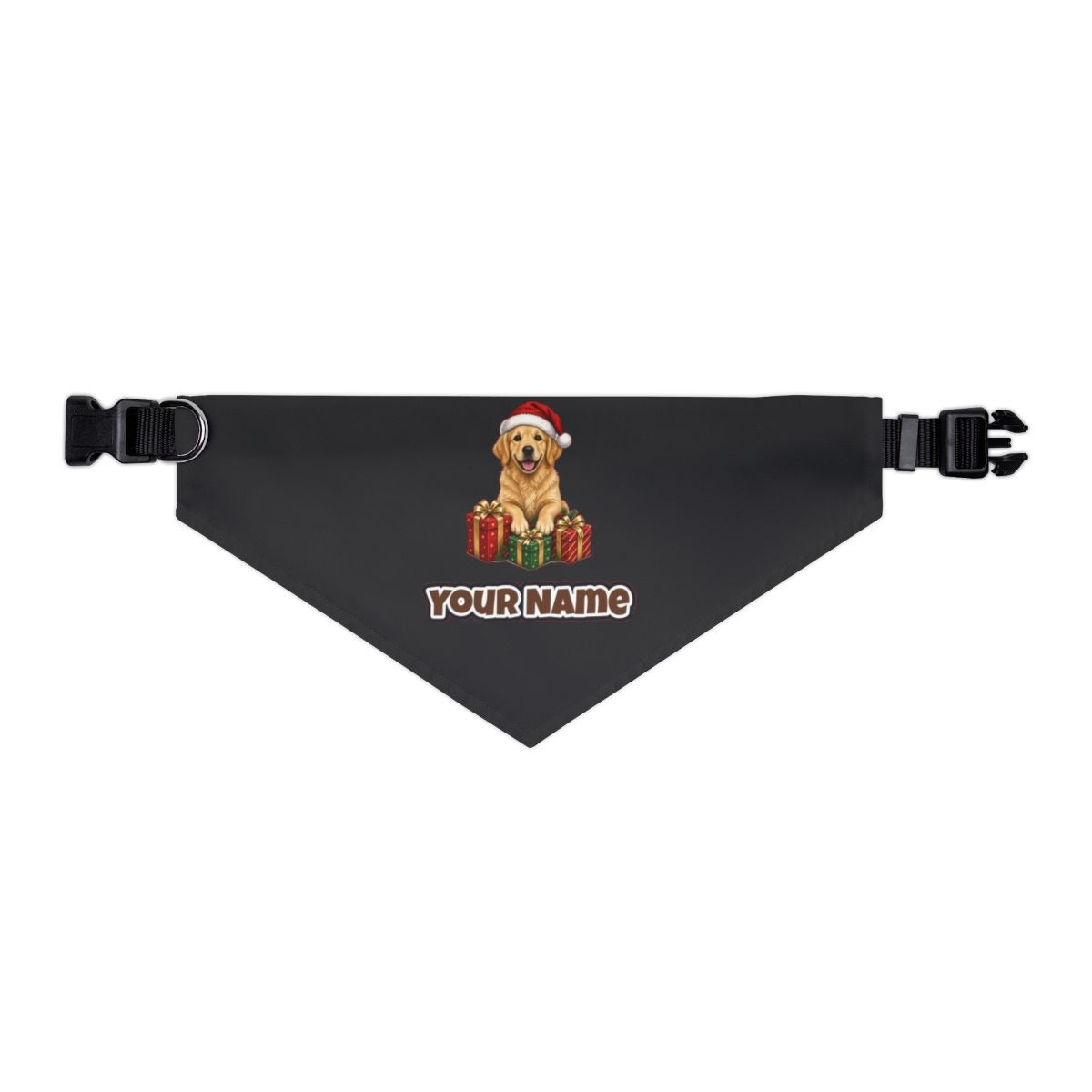 Golden Retriever with Presents personalised Christmas pet bandana in black, collar with buckle