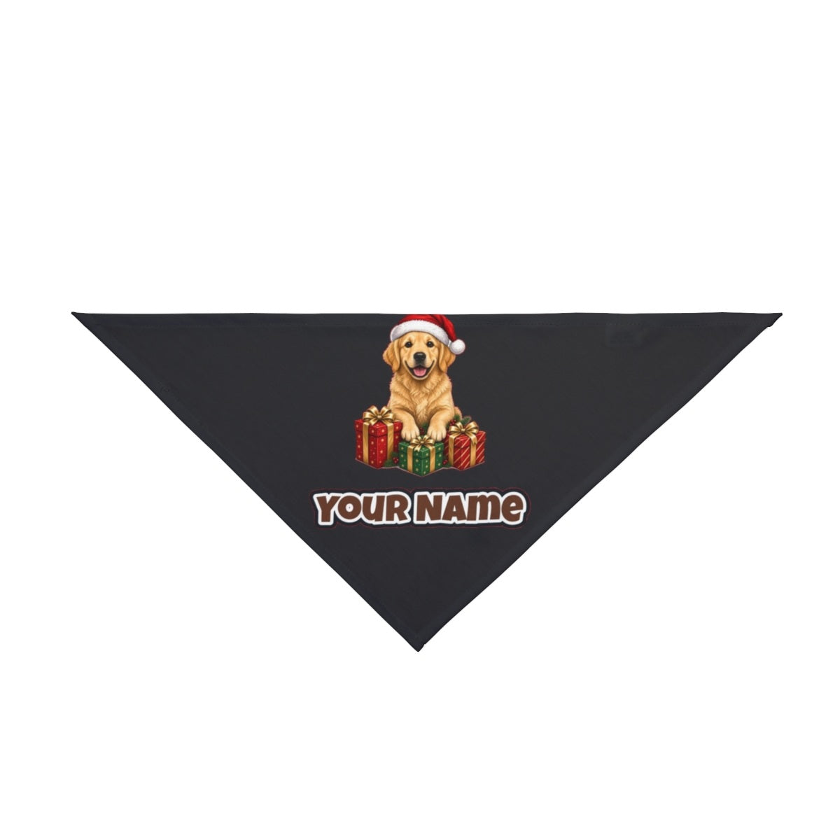 Golden Retriever with Presents personalised Christmas pet bandana in black, tie-on style