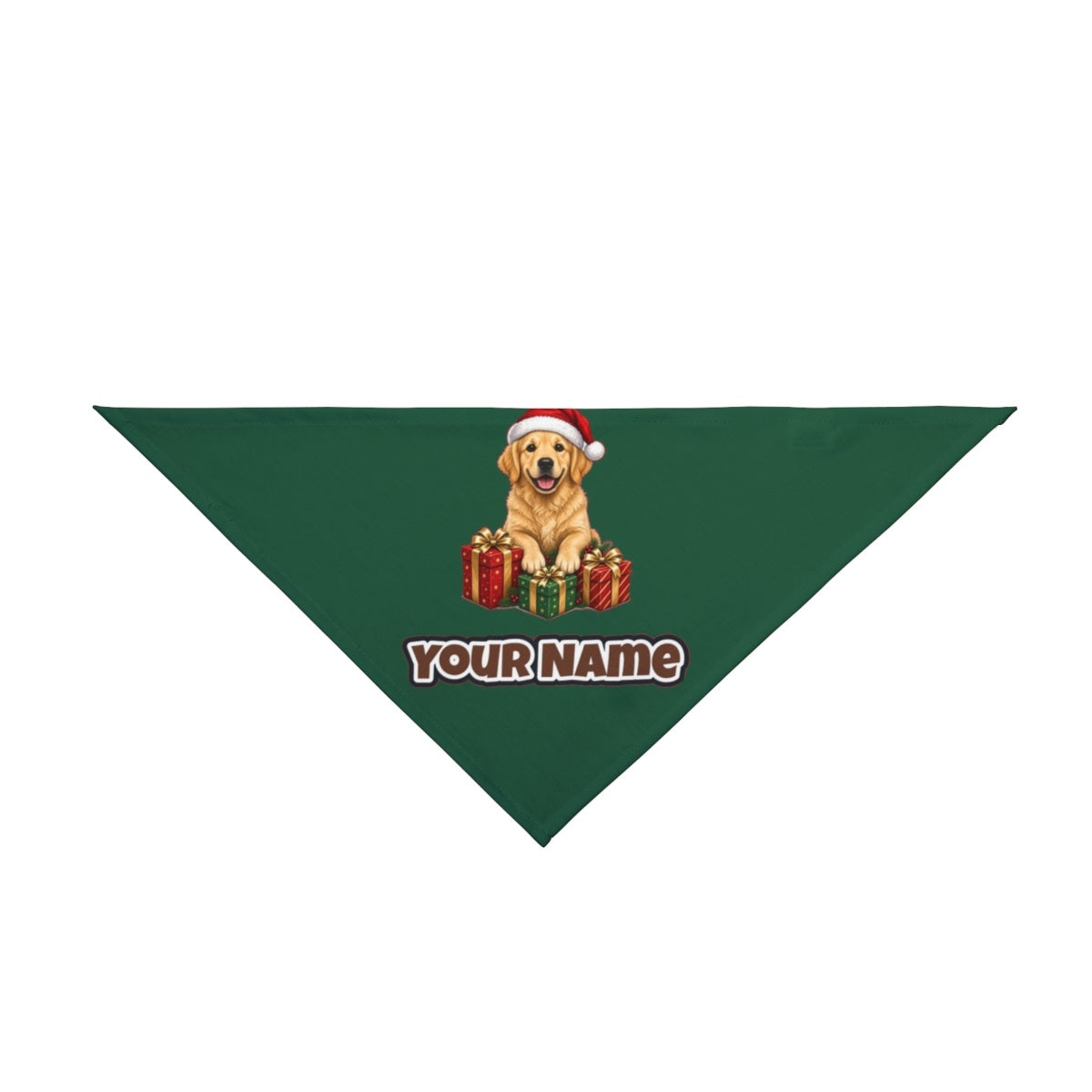 Golden Retriever with Presents personalised Christmas pet bandana in green, tie-on style