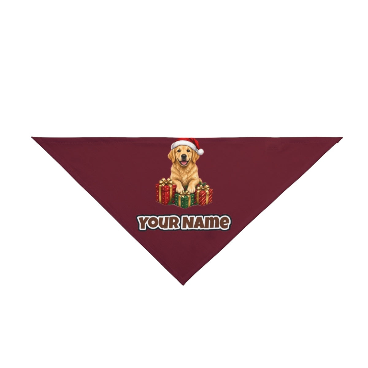 Golden Retriever with Presents personalised Christmas pet bandana in maroon, tie-on style