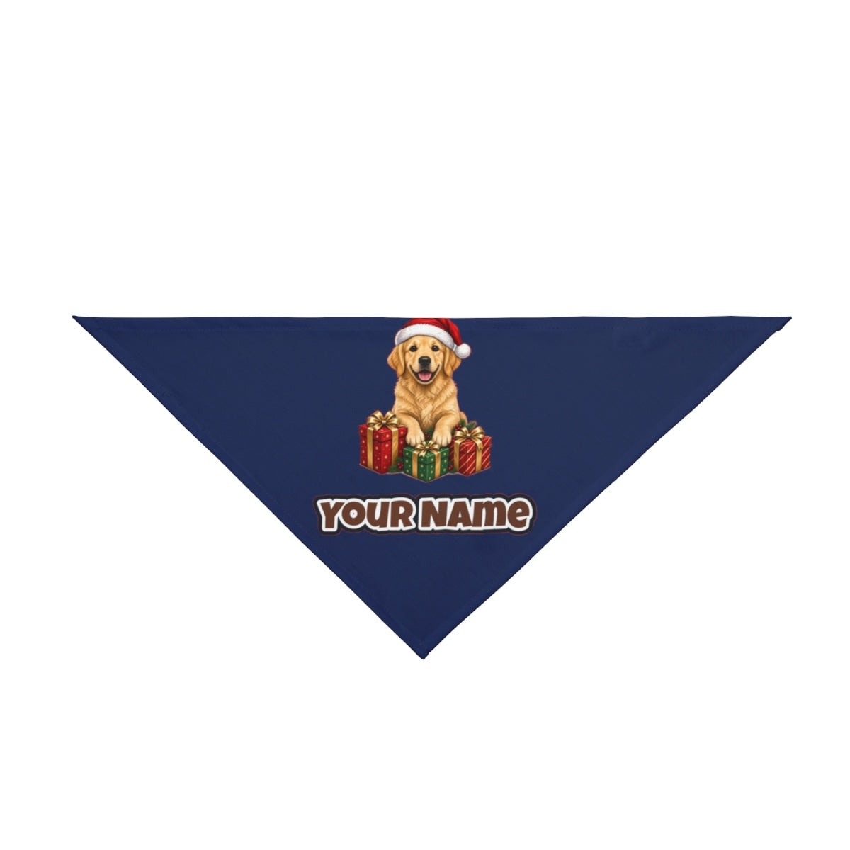 Golden Retriever with Presents personalised Christmas pet bandana in navy, tie-on style