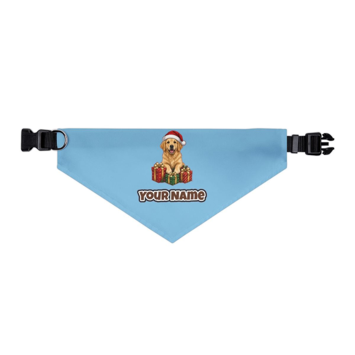 Golden Retriever with Presents personalised Christmas pet bandana in sky blue, collar with buckle
