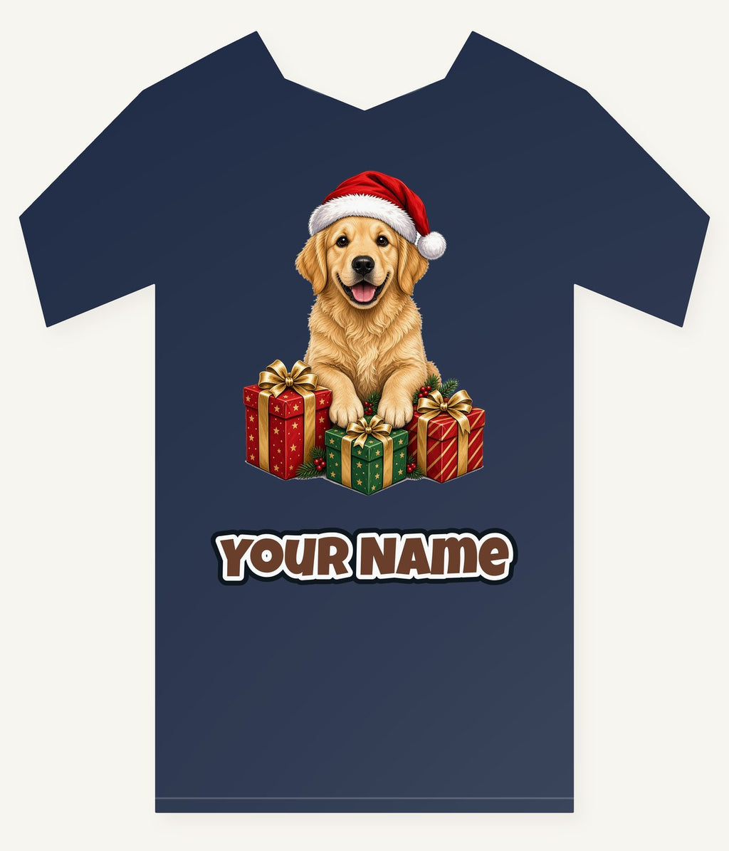 Golden Retriever with Presents Personalised Kids Tee and Baby Bodysuit
