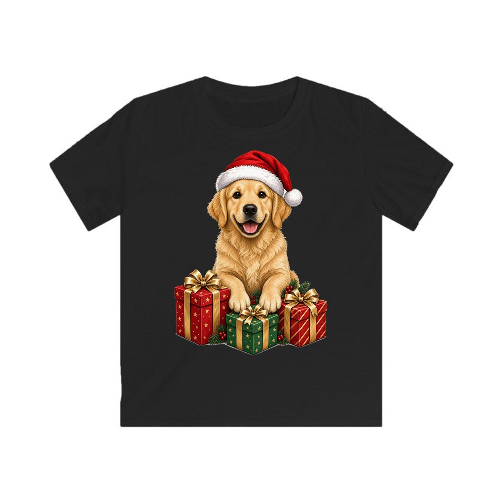 Golden Retriever with Presents personalised kids Christmas tee in black