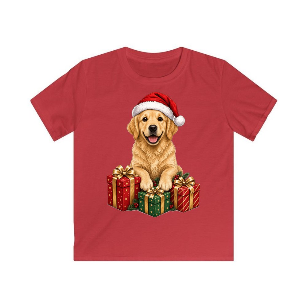 Golden Retriever with Presents personalised kids Christmas tee in red