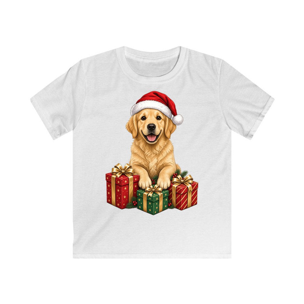 Golden Retriever with Presents personalised kids Christmas tee in white