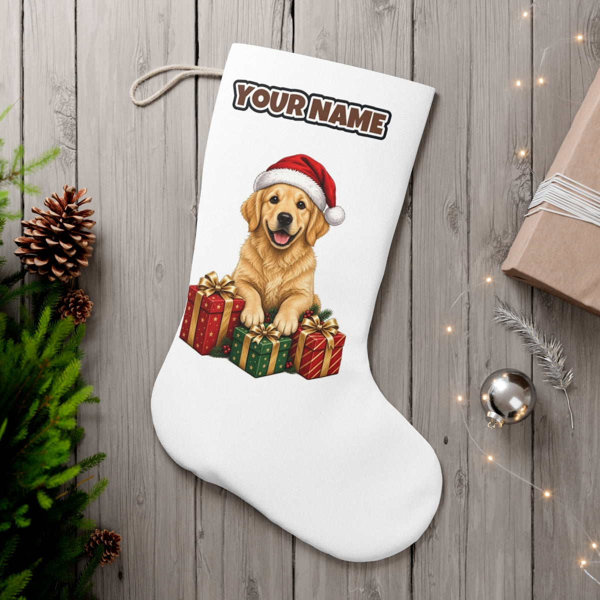 Golden Retriever with Presents personalised Christmas stocking, white, with the name across the top