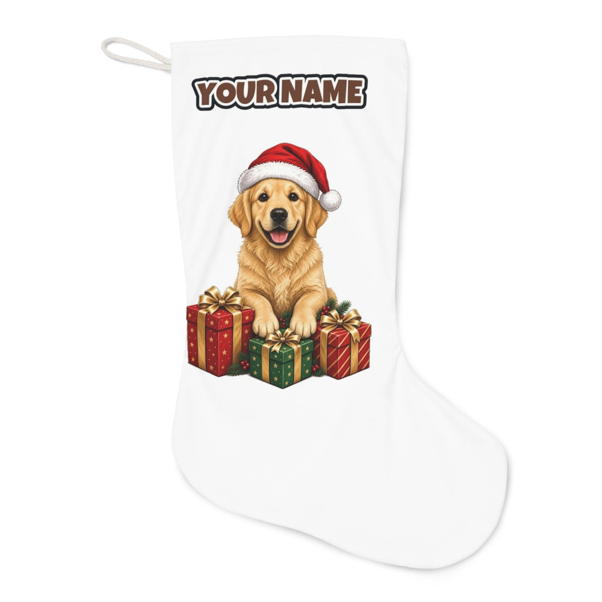 Golden Retriever with Presents Christmas stocking laid flat, showing the full print