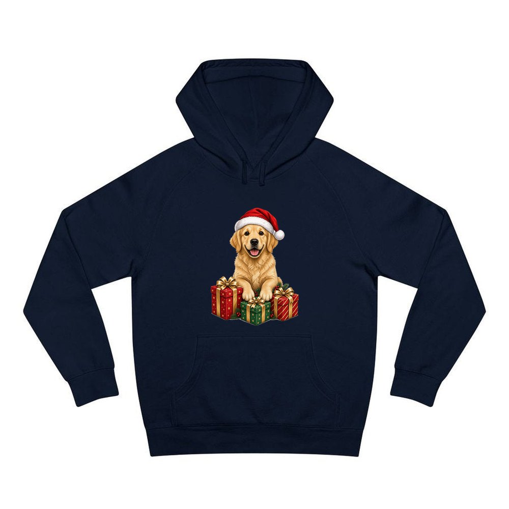 Golden Retriever with Presents personalised Christmas hoodie in navy