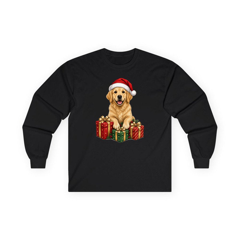 Golden Retriever with Presents personalised long sleeve Christmas T-shirt in black