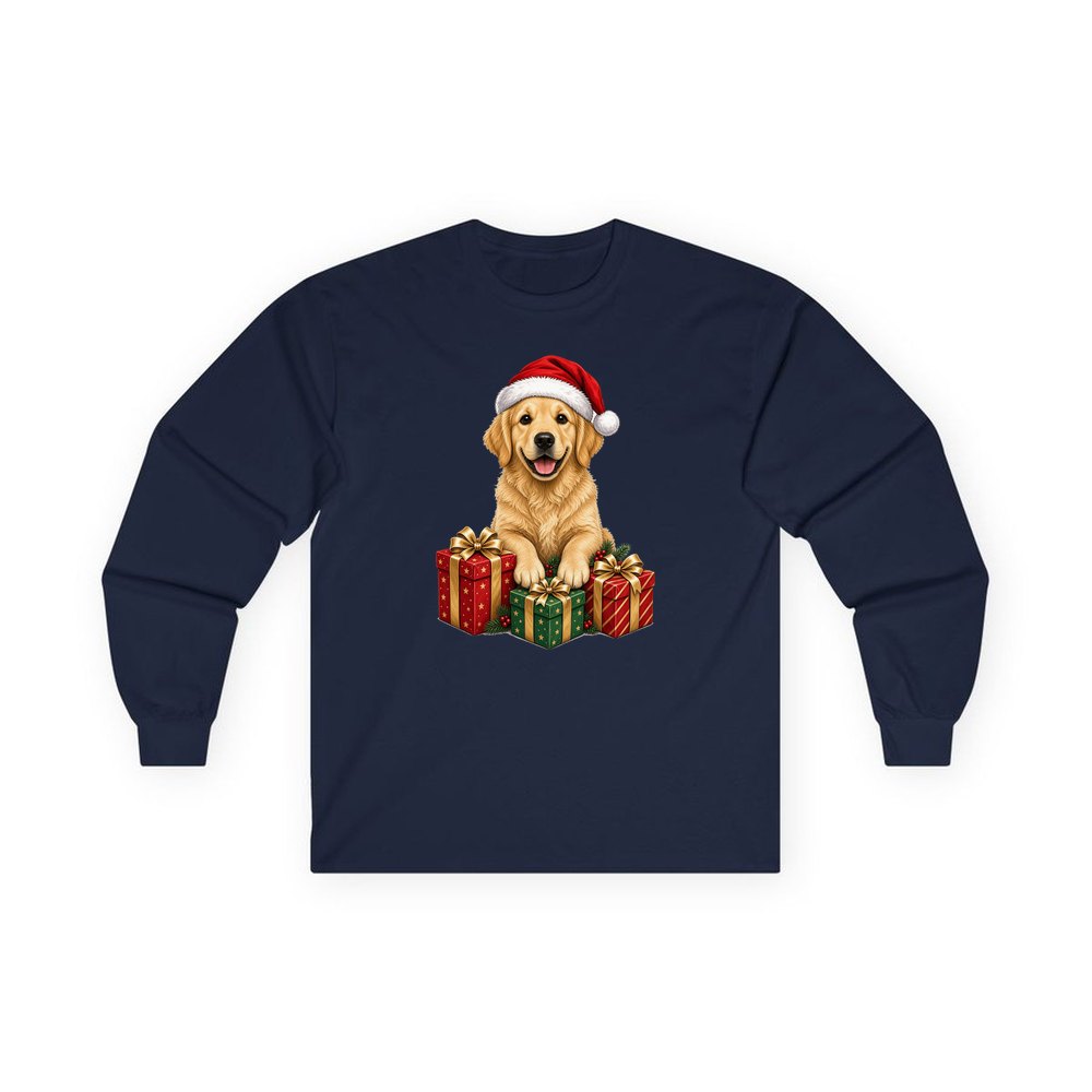 Golden Retriever with Presents personalised long sleeve Christmas T-shirt in navy