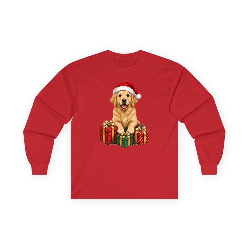 Golden Retriever with Presents personalised long sleeve Christmas T-shirt in red