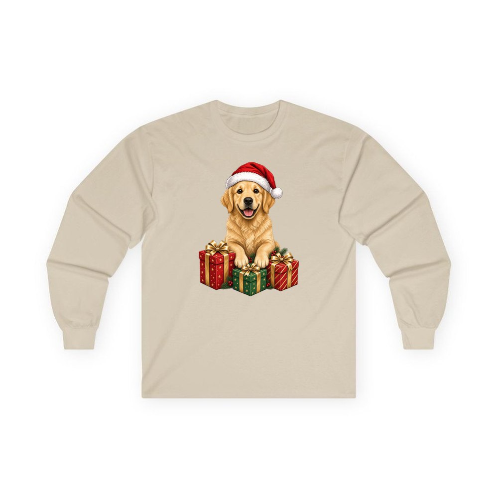 Golden Retriever with Presents personalised long sleeve Christmas T-shirt in sand