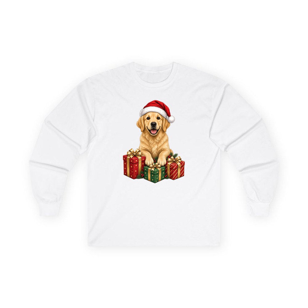 Golden Retriever with Presents personalised long sleeve Christmas T-shirt in white