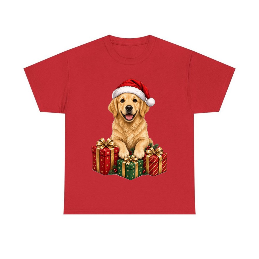 Golden Retriever with Presents personalised Christmas T-shirt in red