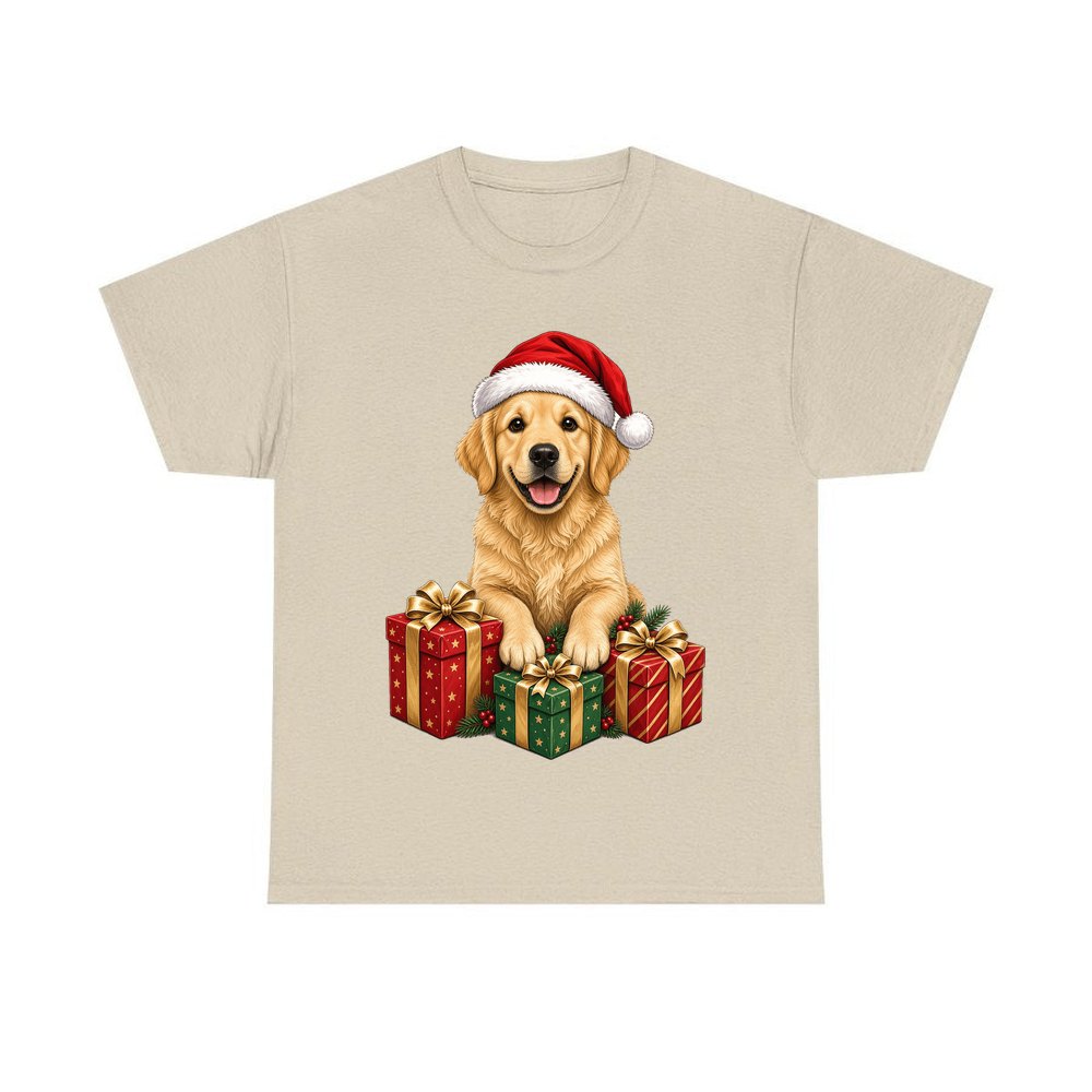 Golden Retriever with Presents personalised Christmas T-shirt in sand
